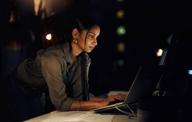 Business woman, night and computer coding with web layout, deadline and ux programmer in office....