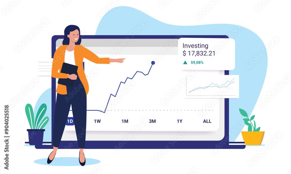 Poster Investor woman - Person standing with computer pointing at rising stock market price chart and graph smiling. Successful investment concept in flat design vector illustration on white background