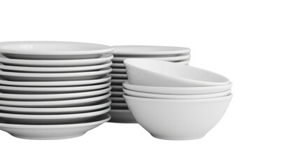 Clean stack of white plates and bowls on transparent background