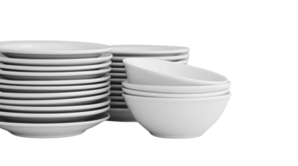 Clean stack of white plates and bowls on transparent background