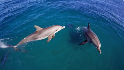 Naklejka premium Two playful dolphin pod swimming on the sea