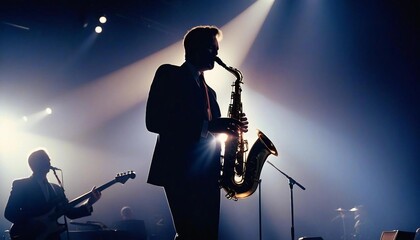 silhouette of a person playing saxophone on stage in front of spotlights, stylish and cool look
