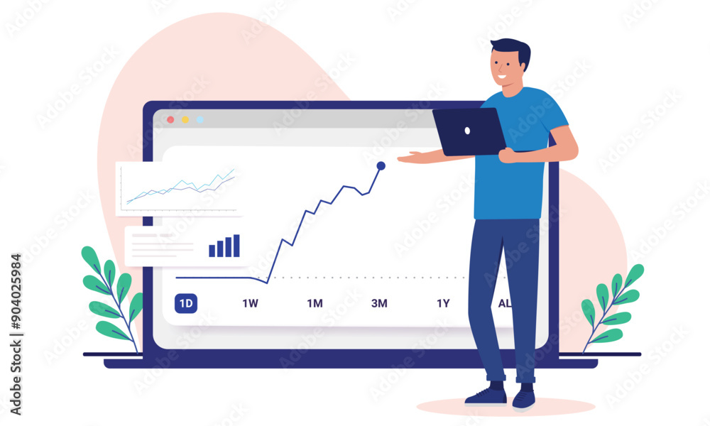 Poster investor man - person standing with computer pointing at rising stock market price chart and graph s