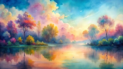 This picturesque landscape features a serene lake reflecting a vibrant, colorful sky, with lush green trees and a peaceful ambiance. It evokes feelings of tranquility, nature's beauty, and the passage
