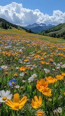 Fototapeta premium A panoramic vista of a green meadow filled with wildflowers in full bloom 