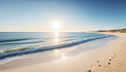Obraz premium Breathtaking aerial shot of a stunning tropical beach with soft, golden sand, sparkling azure waters, and a vibrant, cloudless sky with a brilliant sun 