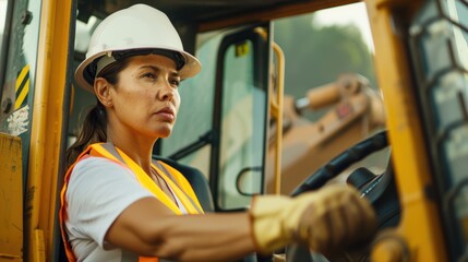 Focused construction worker woman wearing safety equipment driving a heavy duty excavator on a worksite