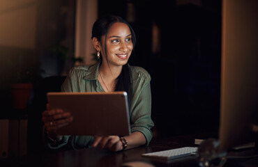 Thinking, woman and tablet at night for research, business and review in workplace. Overtime, blog...
