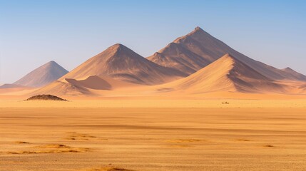 A vast desert landscape with pyramid-shaped sand dunes, capturing an epic view of nature's beauty and tranquility.