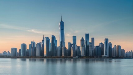 Fototapeta premium A stunning view of a modern skyline at dusk, featuring skyscrapers reflected on the water.