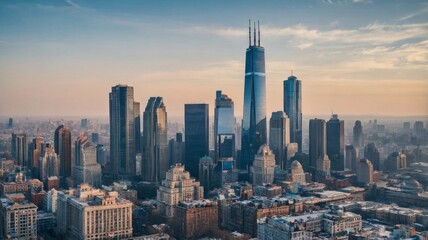 Obraz premium A stunning aerial view of a modern urban skyline with towering skyscrapers against a colorful dawn sky.