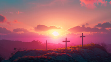 Good Friday Sunrise with Crosses on Hilltop