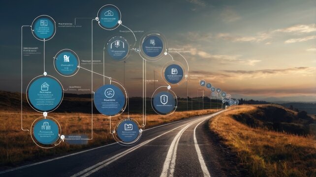 A winding road with infographic elements illustrating a journey, showcasing data and insights in a serene landscape. - Powered by Adobe