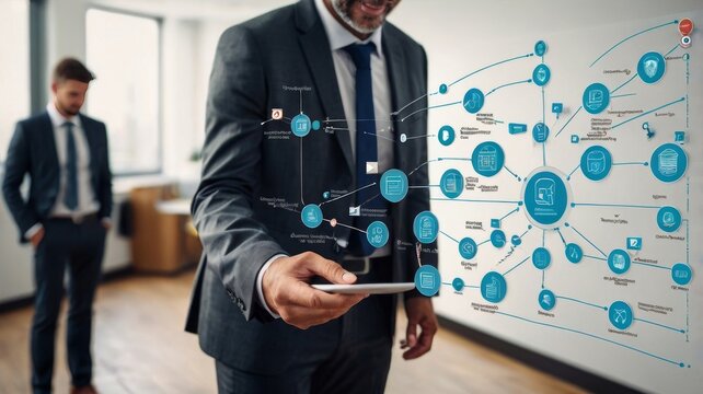 A confident biracial businessman interacts with a digital interface, showcasing innovative technology solutions in a modern office setting. - Powered by Adobe