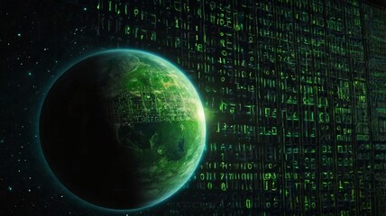 A vibrant green planet enveloped in digital data streams, showcasing an imaginative blend of nature and technology.