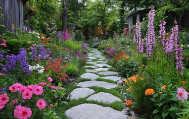 A peaceful garden with a variety of colorful flowers and a stone pathway 