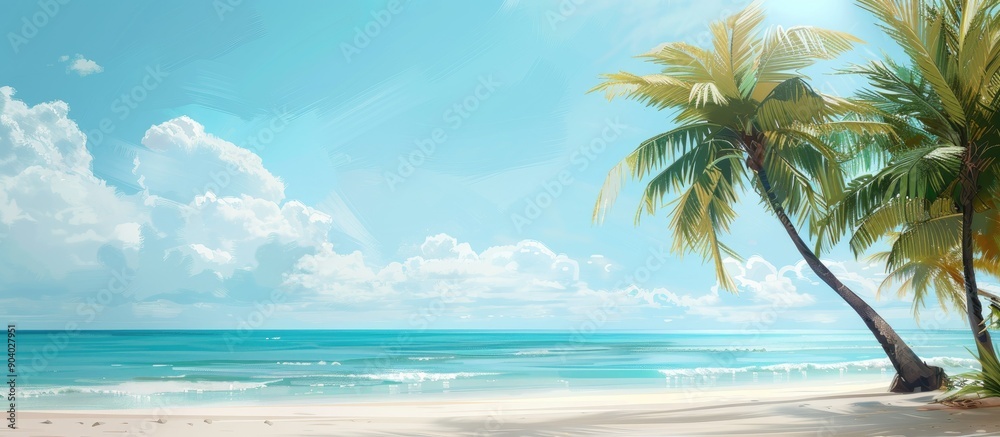 Poster excited for a summer getaway at a tropical beach with palm trees perfect for a copy space image