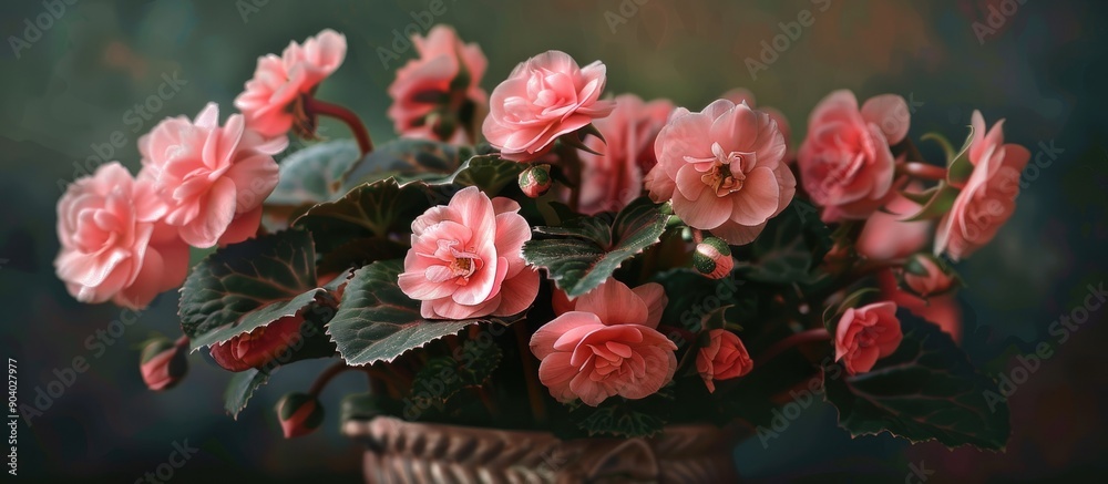 Poster Detailed close up photograph of pink begonia flowers in a pot showcasing textures patterns and intricate details in natural light with a copy space image