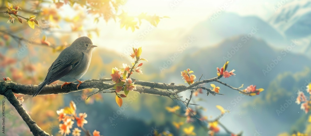 Poster A lovely bird resting on a tree branch with a scenic view beneath it perfect for a copy space image