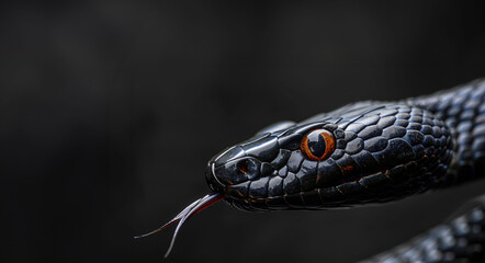 Fototapeta premium Intense Close-Up of a Black Snake with Glossy Scales and Orange Eyes on Dark Background