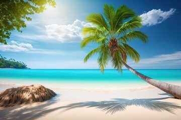 Lush palm tree leans over pristine white sand beach, turquoise ocean in background.