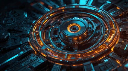 Obraz premium Intricate mechanical gears illuminated with orange and blue lights, showcasing a futuristic design.