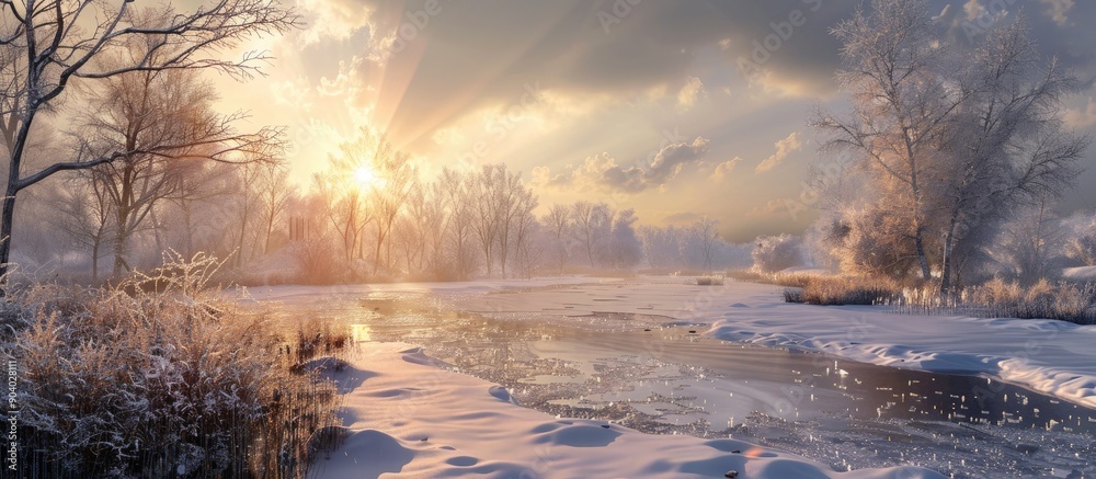 Poster winter landscape after a freezing rain with a bright sunshine illuminating it creating a scenic copy