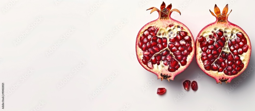 Poster pomegranate halves displaying seeds on a white background providing copy space image