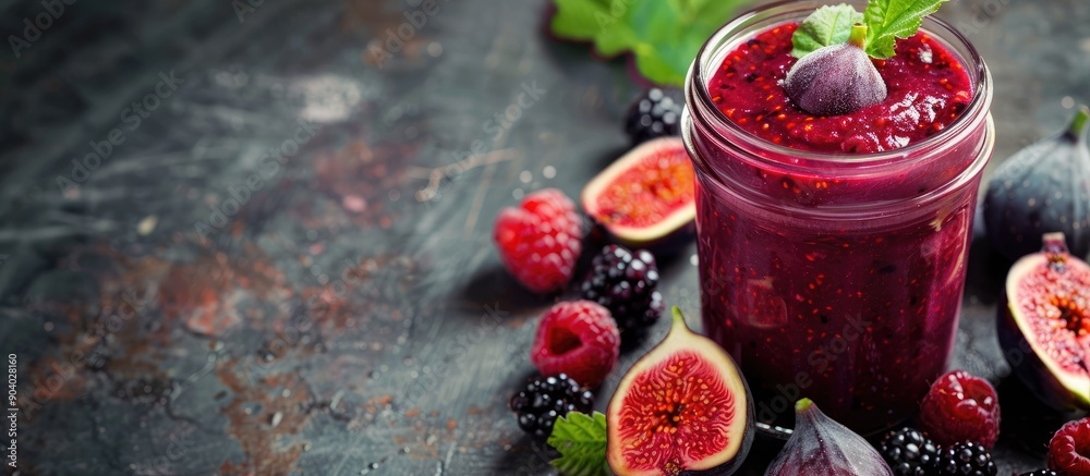 Poster glass jar with a smoothie made of figs and blackberries promoting clean eating with copy space image