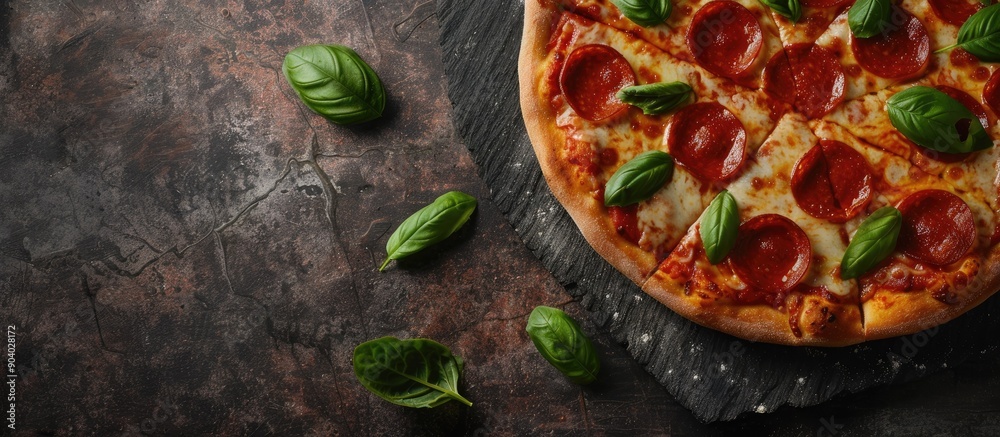 Poster delicious pepperoni pizza with fresh basil on a table with copy space image