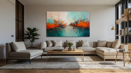 A modern, stylish living room featuring a large abstract painting, neutral-toned furniture, and greenery, creating a serene atmosphere.