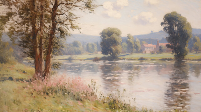 Impressionist summer landscape with river and trees near quaint home