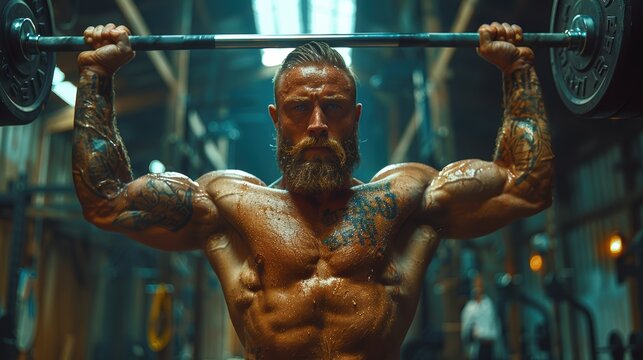 Muscular man lifting heavy barbell in a gym, demonstrating strength and dedication in an intense weightlifting workout