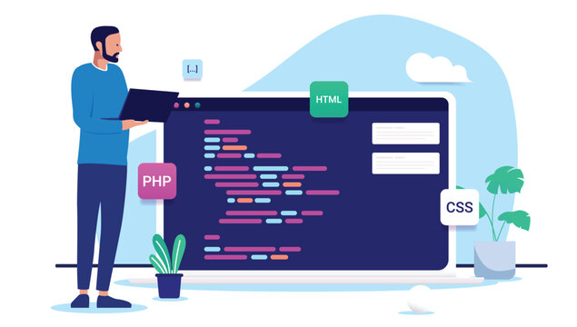 Developer working on computer writing code and programming standing besides big screen with abstract language. Flat design vector illustration with white background
