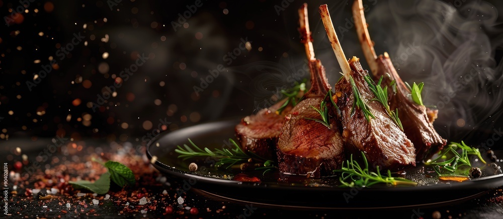 Poster a rack of lamb cooked in fragrant olive oil herbs and spices creating a mouthwatering dish with a be