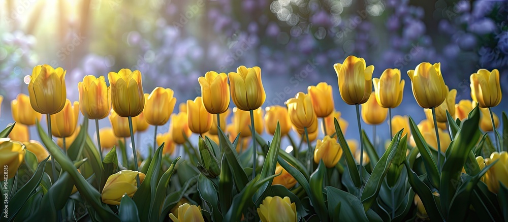 Poster A stunning display of yellow tulips in full bloom during spring creating a beautiful array of tulips in a vivid and colorful copy space image