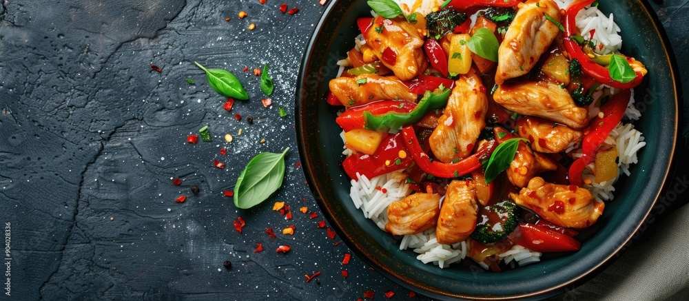 Aufkleber an enticing dish of chicken slices in a spicy sauce with bell peppers served alongside rice displaye