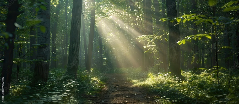 Aufkleber A serene forest setting with sunlight filtering through lush green leaves of tall trees onto a small dirt path creating lens flares in the idyllic copy space image