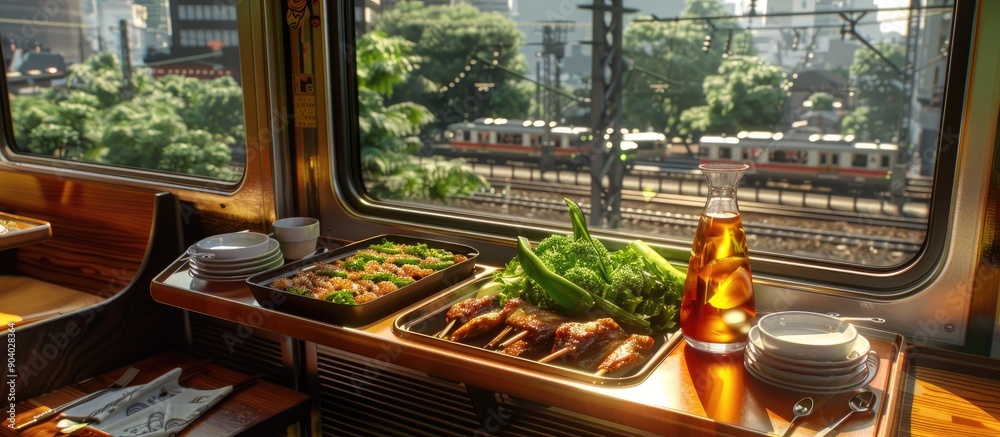 Poster a bento box with spare ribs and green veggies is available for purchase on the train depicted in the