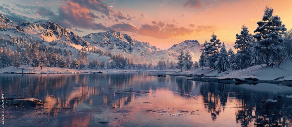 Poster Scenic mountain landscape at sunset with snow overlooking a tranquil lake with trees reflecting in the water creating a mesmerizing view Includes copy space image