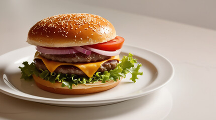 A mouthwatering and realistic burger featuring a juicy patty fresh vegetables orange background white plate
