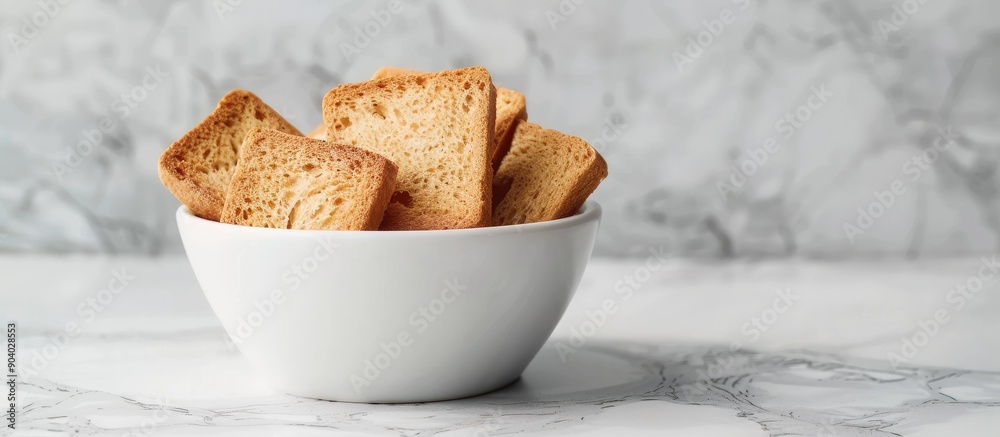 Poster rusk in a white bowl showcasing a crispy texture against a clean background with copy space image