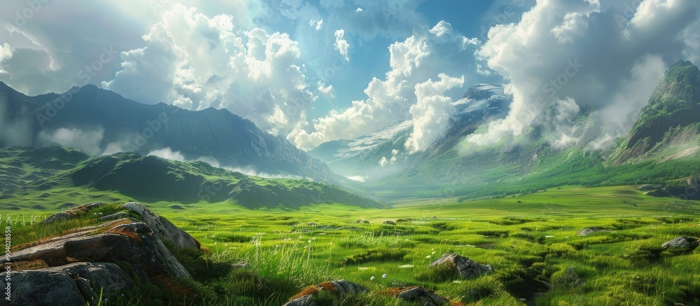 Poster scenic landscape with mountains green grass and a cloudy sky in a captivating copy space image
