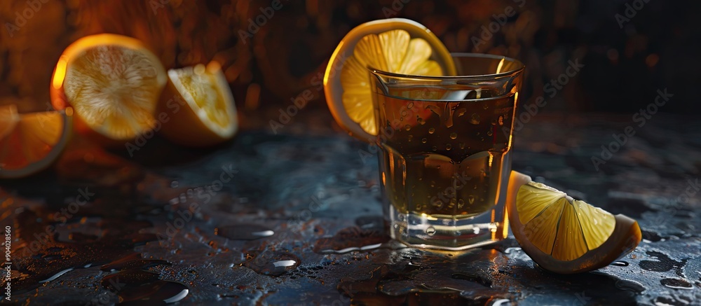 Poster Tequila shot with lemon slice on a dark backdrop suitable for copy space image