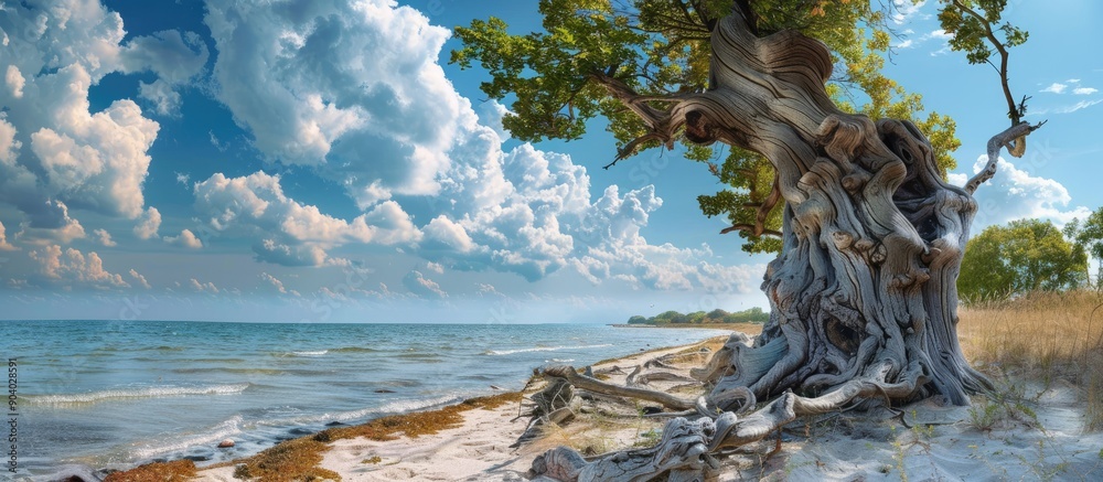 Aufkleber An ancient tree trunk stands tall along the sandy coastline with the sea in the background creating a picturesque scene with copy space image