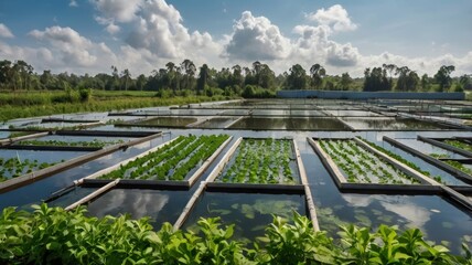 Fototapeta premium Lush green hydroponic farm with vibrant lettuce and clear water under a sunny sky.