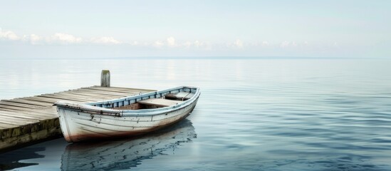 Obraz premium A solitary boat is moored at the pier offering a serene view with abundant copy space image