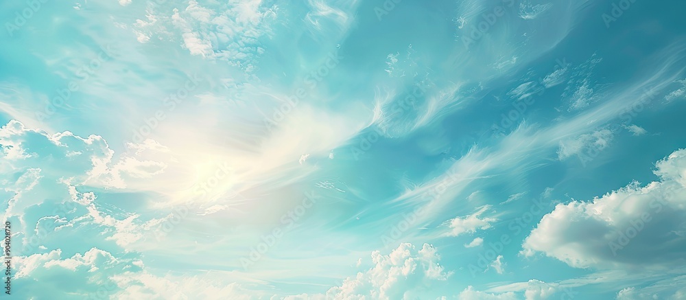 Poster soft sunlight shining on a pastel blue sky with wispy white clouds creating a serene sky landscape b