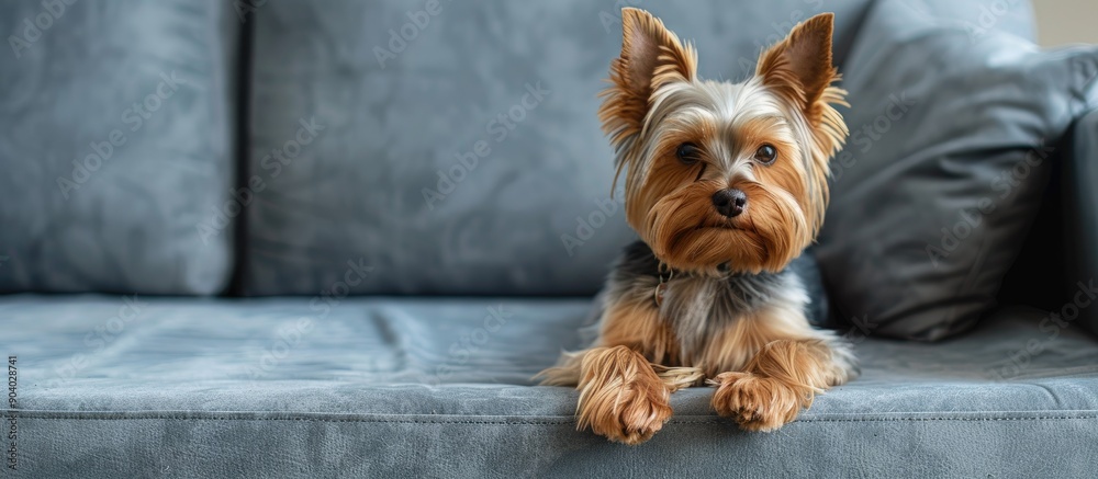 Aufkleber a yorkshire terrier dog lounging on a gray sofa with a spacious background for copy space image