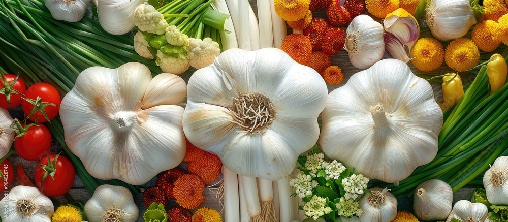 Poster fresh garlic and chives surrounded by a variety of colorful vegetables in a vibrant and appealing di